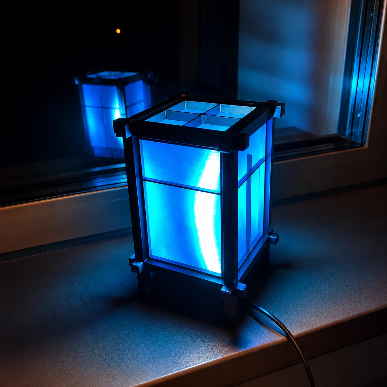 Niebieska lampka LightLab3D przy oknie